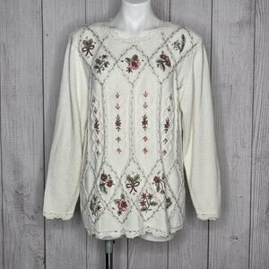 Vintage 90s Koret Petites Floral Embroidered Sweater M Cottagecore Grannycore